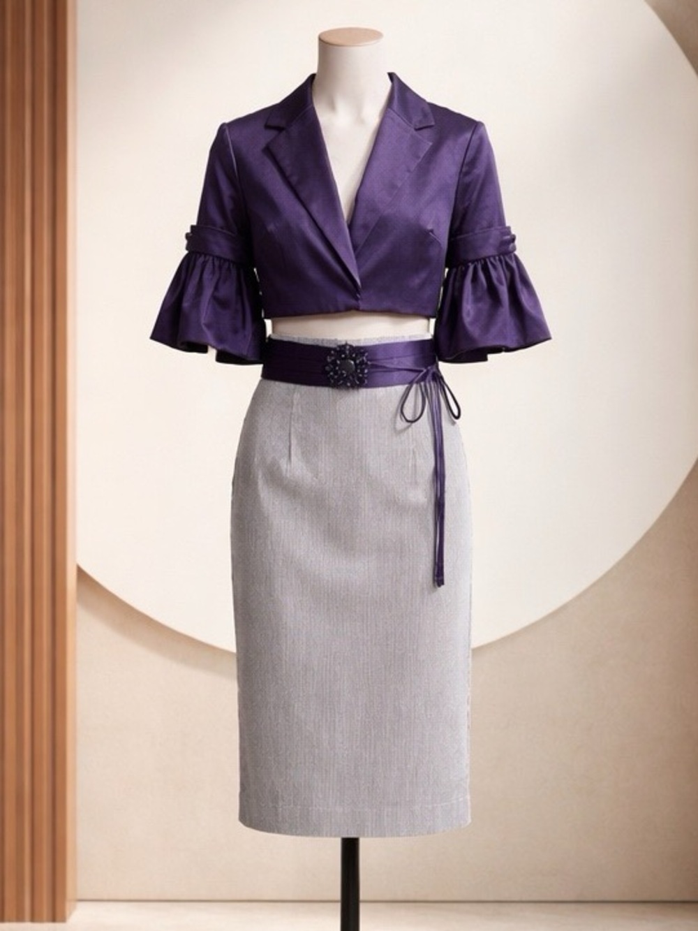 Navy Jacket and Strip Pencil Skirt- Satin Crystal Floral Belt by Eva Franco